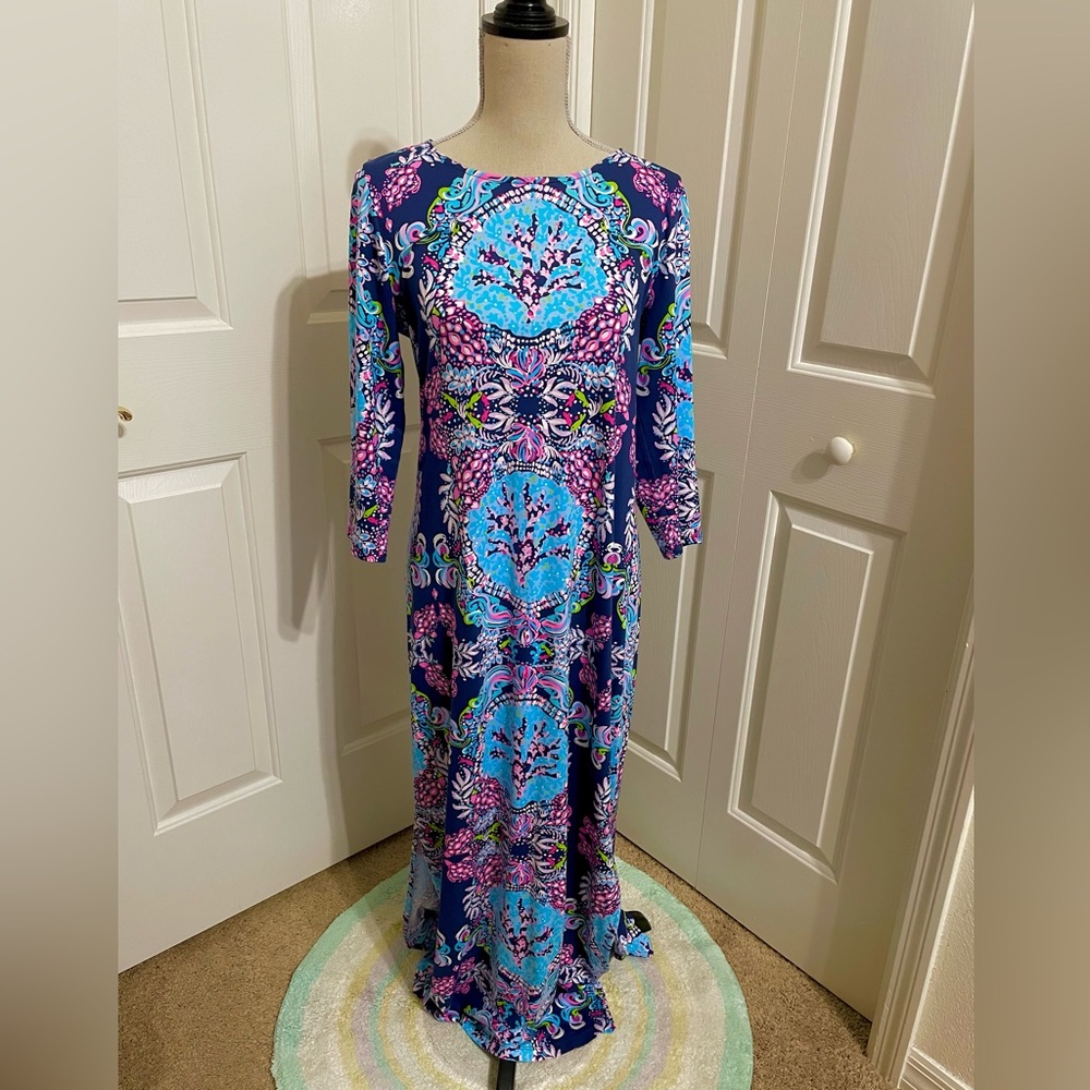 EEUC Lilly Pulitzer Morgann Maxi in High Tide Navy Mermaid Beach Print. Sz Large